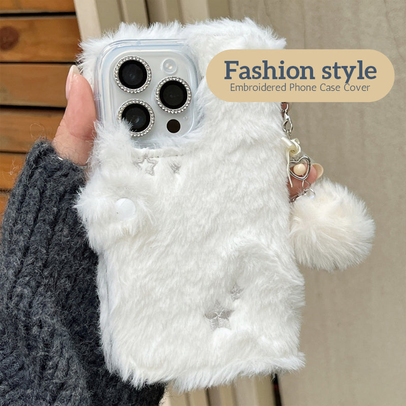 Plush Flip-Top White Embroidered Phone Case Cover