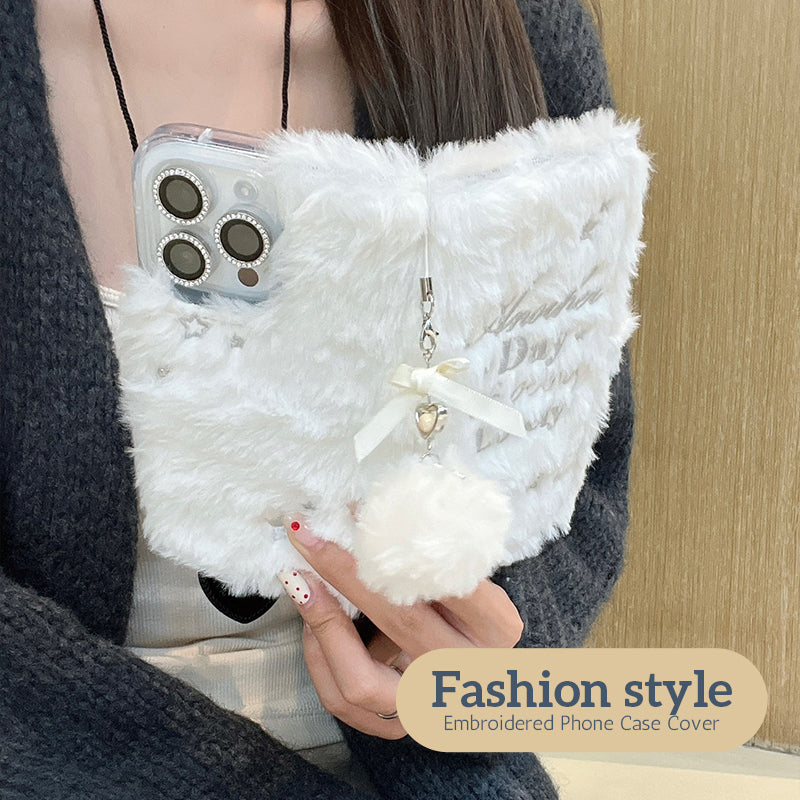 Plush Flip-Top White Embroidered Phone Case Cover