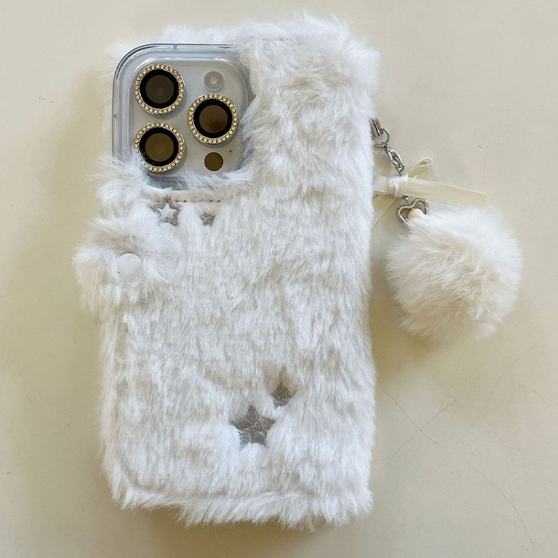 Plush Flip-Top White Embroidered Phone Case Cover